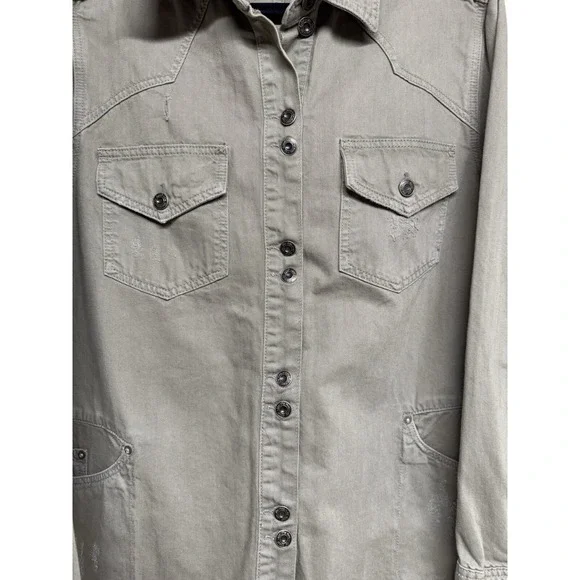 Free People Moonchild Denim Shirt Jacket Distressed Olive Women's Size Large - Picture 10 of 14